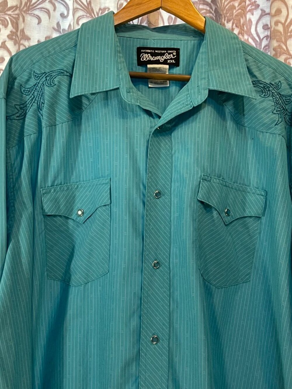 Men's XXL Wrangler Aqua/White Pinstripe Pearl Snap Long Sleeve Shirt - Picture 8 of 15